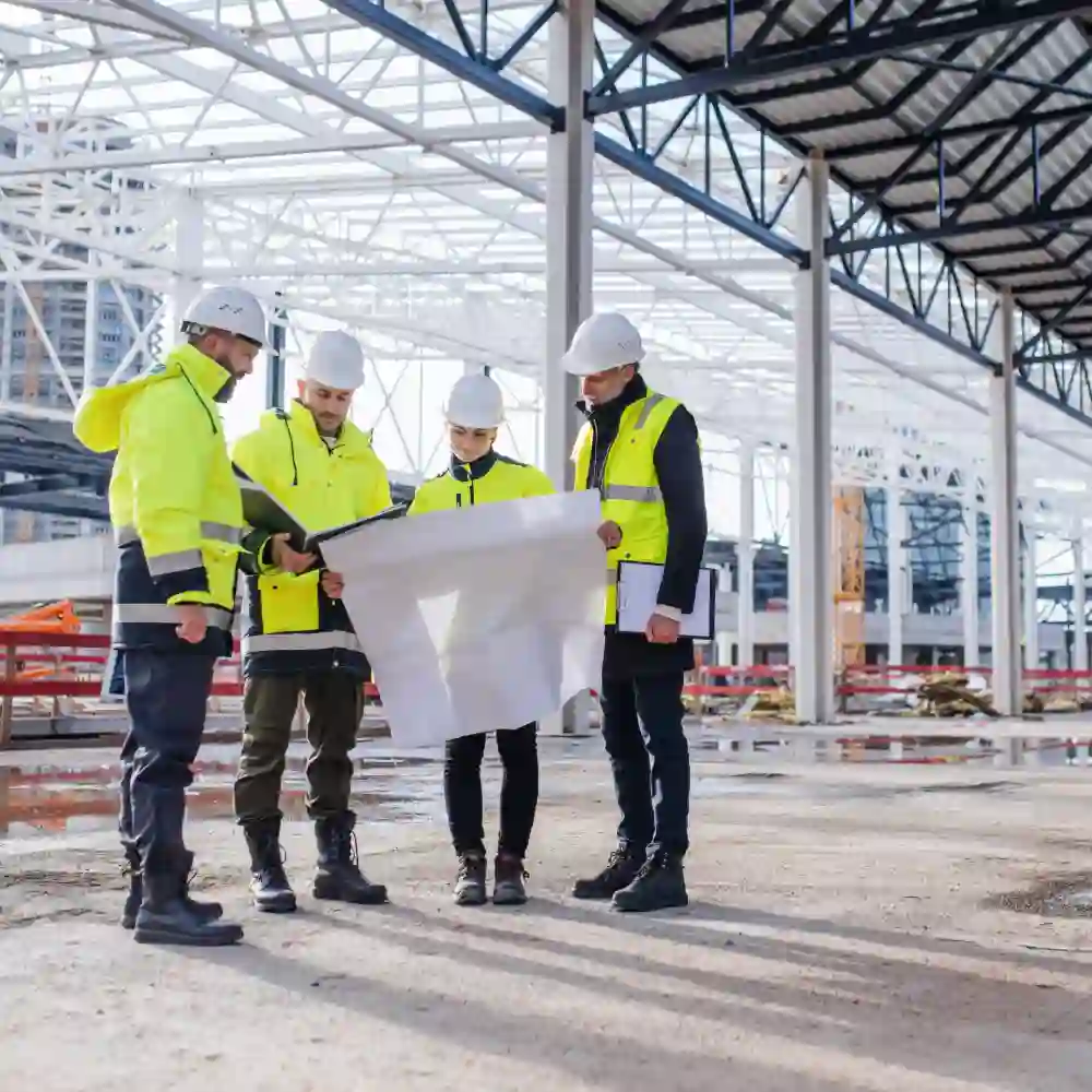 Construction and architecture professionals reviewing blueprints on site