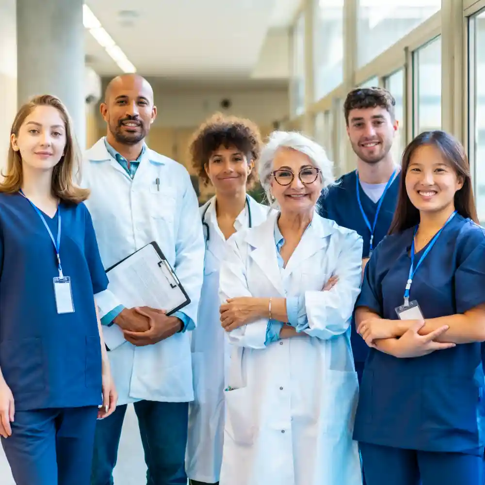 Healthcare professionals standing together in a modern clinic
